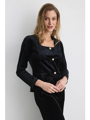 Gusto Düğmeli Kadife Ceket - Siyah