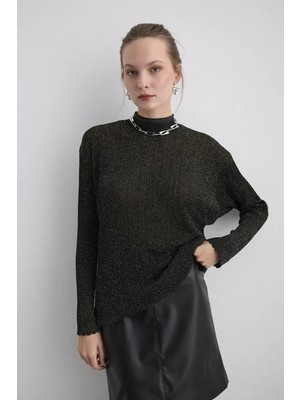 Gusto Yakası Düğmeli Rayon Triko Bluz - Siyah