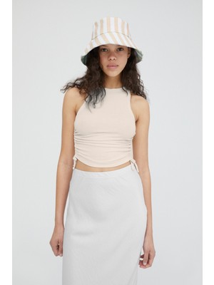 Rooted Kadın Sıfır Kol Yan Bağçıklı Crop Bluz-Fitilli Kaşkorse Kumaş