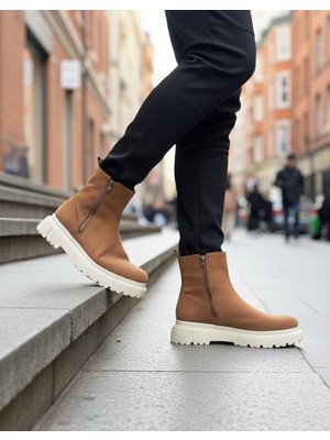 BOA BA0777 Süet Taba Krem Taban Çift Fermuarlı Erkek Yarım Bilek Bot