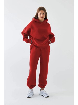 Yakamel Kadın Polar Oversize Paçası Lastikli Kanguru Cepli Eşofman Takımı