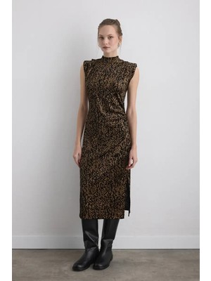 Gusto Leopar Baskılı Uzun Kadife Elbise - Siyah