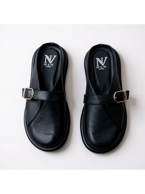 Ne&Ve Shoes Siyah Hakiki Deri Tokalı Kadın Günlük Rahat Sabo Terlik