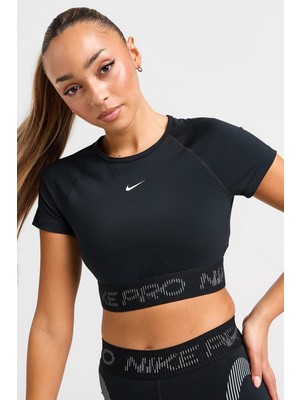 Nike Pro Dri Fit Short Sleeve Cropped Graphic Tight Fit Top Kadın Sıkı Kesim Kısa Tişört Siyah
