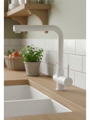 Deante Aster BCA_A73M Beyaz Spiralli Mutfak Evye Bataryası | Çekilebilir Başlık, 35 mm Seramik Kartuş, Bal Peteği Aeratör, Sessiz kullanım, Su Tasarrufu