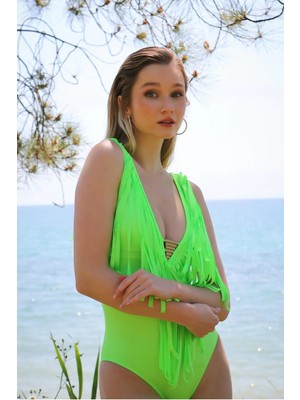 Moda Kadın Püsküllü Mayo Neon Yeşil