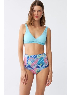 Moda Kadın Pedli Üst Tropik Desenli Yüksek Bel Bikini Takımı - Buz Mavisi