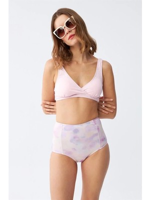 Moda Kadın Pembe Pedli Üst ve Pastel Desenli Yüksek Bel Bikini Takımı