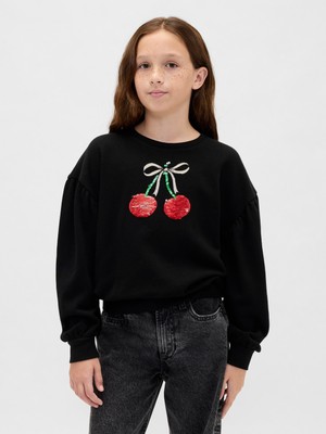 Gap Kız Çocuk Siyah Relaxed Flippy-Sequin Grafikli Sweatshirt