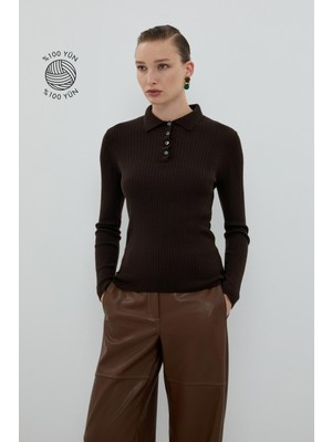 ROMAN %100 Yün Düğme Detaylı Triko Kahve K2671031_005