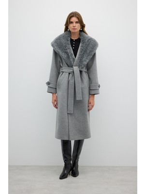 ROMAN Çıkarılabilir Kürk Yakalı Kruvaze Yün Kaban Gri K2619001_004