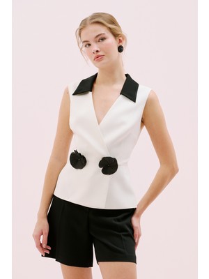 ROMAN Kruvaze Çiçek Motifli Krep Yelek Beyaz Y2517001_002