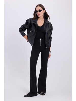 Tudors Kadın Slim Fit Dar Kesim Geniş Paça Fermuarlı Siyah Pantolon