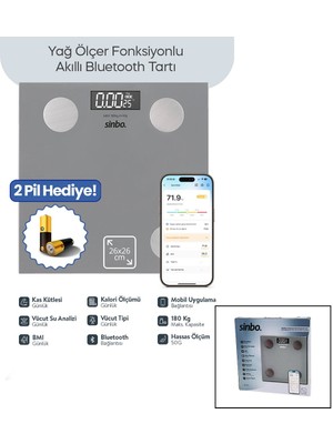 Go İthalat Gri Yağ Ölçer Akıllı Bluetooth Cam Baskül Pilli 180KG/50GR 26X26CM 8-Kişi Hafıza LCD Ekran ℃ Gösterge SBS-4473 (5332)