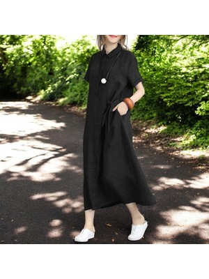 Gömlek Yaka Salaş Keten Elbise