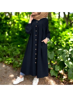 Büzgülü Gömlek Yaka Keten Elbise