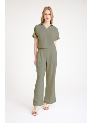Keten Zarif Kadin T-Shirt ve Uzun Pantolon Alt Üst Ikili Takım V Yaka Kısa Kollu Salaş Rahat Haki Elbise