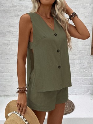 Keten Yazlık Dekolteli Kolsuz Bluz Şort Ikili Haki Takım