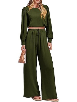 Keten Yazlık Yüksek Bel Pantolon Balon Kol Tasarım Bluz Ikili Takım Alt Üst