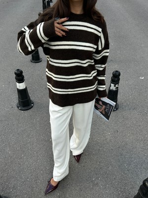 Minaaise Kadın Kahve-Ekru Çizgili Yumuşak Dokulu Şardonlu Kazak 7016