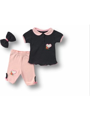 Moda Şahsenem 3-6 6-9 9-12 12-18 Ay Uzayın Kalbi Nakışlı Bandanalı Kısa Kollu Sweat 3lü Kız Bebek Takımı Siyah