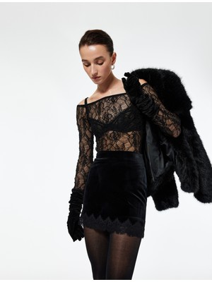 Koton Dantel Detaylı Kadife Mini Etek