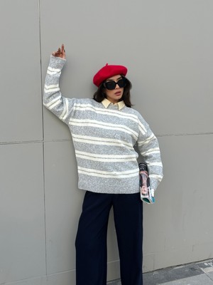 Minaaise Kadın Gri-Ekru Çizgili Yumuşak Dokulu Şardonlu Kazak 7016