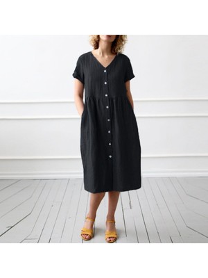 Keten Günlük Yazlık V Yaka Kısa Kol Düğme Detaylı Kadın Elbise