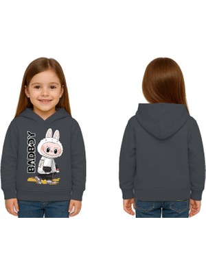 Sedirli Unisex Baskılı Çocuk Swaetshirt Labubu Baskılı Kapüşonlu 3 Iplik Şardonlu