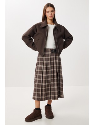 Happiness İstanbul Kemerli Kareli Kloş Dokuma Etek LNS0015 Kahverengi Vizon