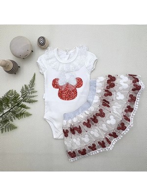 Moda Şahsenem 1-2-3 Yaş Payetli  Nakışlı Kısa Kollu Brode Etekli 2li Kız Bebek Takımı Kırmızı