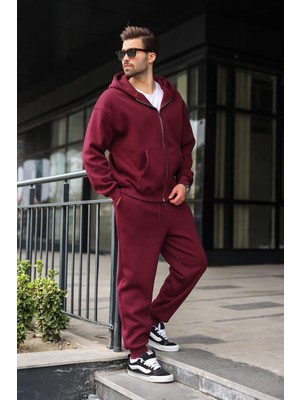 Madmext Bordo Çift Fermuarlı Kapüşonlu Eşofman Takımı E7345