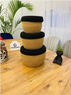 Jütex Home Jüt,hasır,3 Lü Kapaklı Sepet, Özel Tasarım, Çok Amaçlı Düzenleyici Organizer,sepet
