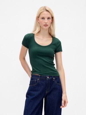 Gap Kadın Yeşil Modern Fitilli Scoop Crop T-Shirt