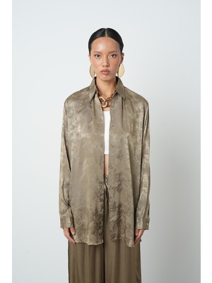 Orfeonegro Kadın Haki Renk Desenli Oversize Kesim Tesettür Gömlek