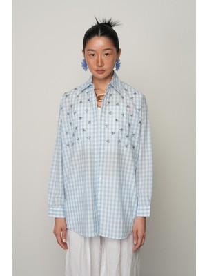 Orfeonegro Kadın Önü Taş Işlemeli Mavi Renk Ekose Desenli Oversize Gömlek