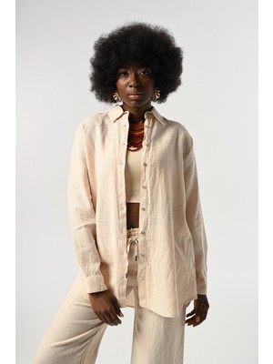 Orfeonegro Kadın %100 Keten Düz Renk Oversize Kesim Gömlek