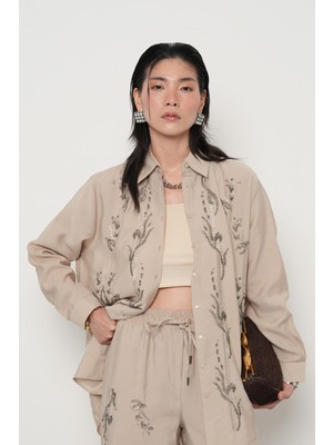 Orfeonegro Kadın Önü Boncuk ve Taş Işlemeli Oversize Gömlek