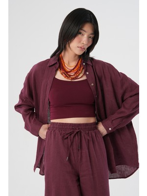 Orfeonegro Kadın %100 Keten Yarasa Kol Düz Oversize Gömlek