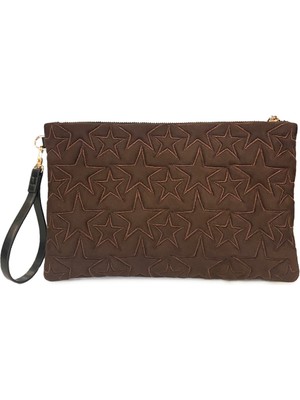 Ecrou Kahve Süet Portföy & Clutch Çanta 30 x 19 cm Yıldız Desenli Günlük Kullanım İçin Şık