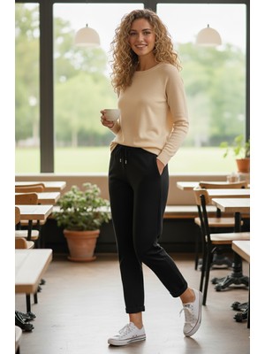 Sy & Black Kadın Çelik Örgü Beli Lastikli ve Bağcıklı Geniş Beden Aralıklı Jogger Pantolon 25P-03 Siyah