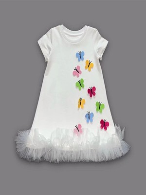 Moda Şahsenem 1-2-3 Yaş Renkli Kelebekler Nakışlı Eteği Fırfırlı Jile Çocuk Elbisesi Beyaz