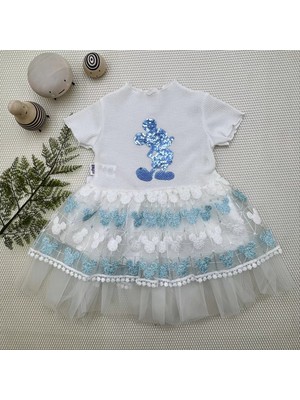 Moda Şahsenem 1-2-3 Yaş Payetli  Baskılı Brode Etekli Kız Bebek Elbisesi Turkuaz