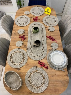 Jütex Home Jüt Hasır Amerikan Servis Supla  Runner Sepet ve Bardaklık 14 Lü