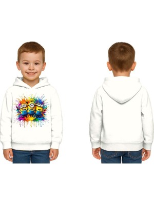 Sedirli Unisex Mınıons Baskılı Çocuk Swaetshirt  Baskılı Kapüşonlu 3 Iplik Şardonlu