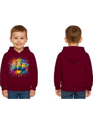 Sedirli Unisex Mınıons Baskılı Çocuk Swaetshirt  Baskılı Kapüşonlu 3 Iplik Şardonlu