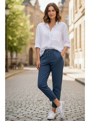 Sy & Black Kadın Çelik Örgü Beli Lastikli ve Bağcıklı Geniş Beden Aralıklı Jogger Pantolon 25P-03 Petrol