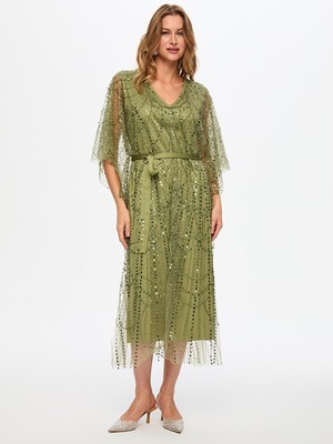 Faik Sönmez Boncuk ve Payet Işli Saten Garni Kuşaklı Abiye Elbise W26ABY016