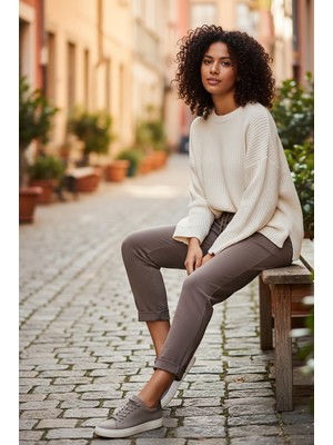 Sy & Black Kadın Çelik Örgü Beli Lastikli ve Bağcıklı Geniş Beden Aralıklı Jogger Pantolon 25P-03 Vizon