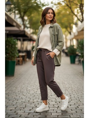 Sy & Black Kadın Çelik Örgü Beli Lastikli ve Bağcıklı Geniş Beden Aralıklı Jogger Pantolon 25P-03 Füme